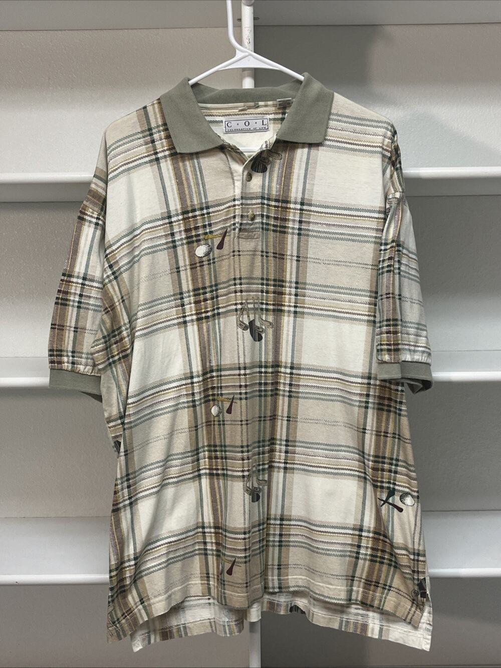 Vintage Col AOP Golf Cotton Short Sleeve Polo Shirt Country Club Plaid Mens XL